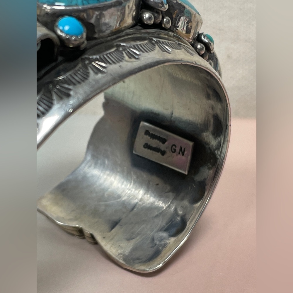 Native American Sterling Silver Turquoise Decorative Bangle Bracelet Watch - Picture 4 of 15
